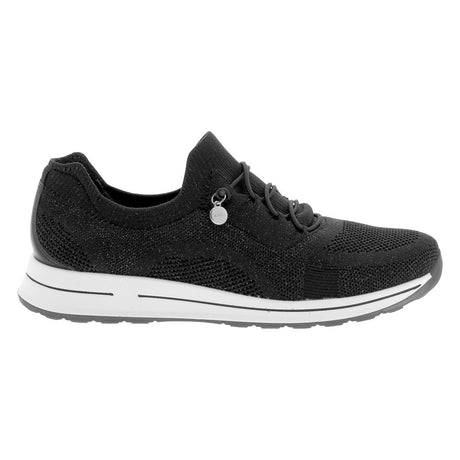 Women’s slip‑on sneaker in black woven stretch‑knit with rounded toe, elasticized side panels, and removable cushioned insole. Features a lightweight flexible sole and breathable construction for comfortable, versatile everyday wear. Style #24810-81