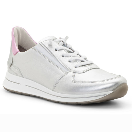 Women’s low-cut lace sneaker in white leather and shell-toned suede with elastic tongue and stretchy laces, flat flexible sole, and removable cushioned insole. Style #24836-15