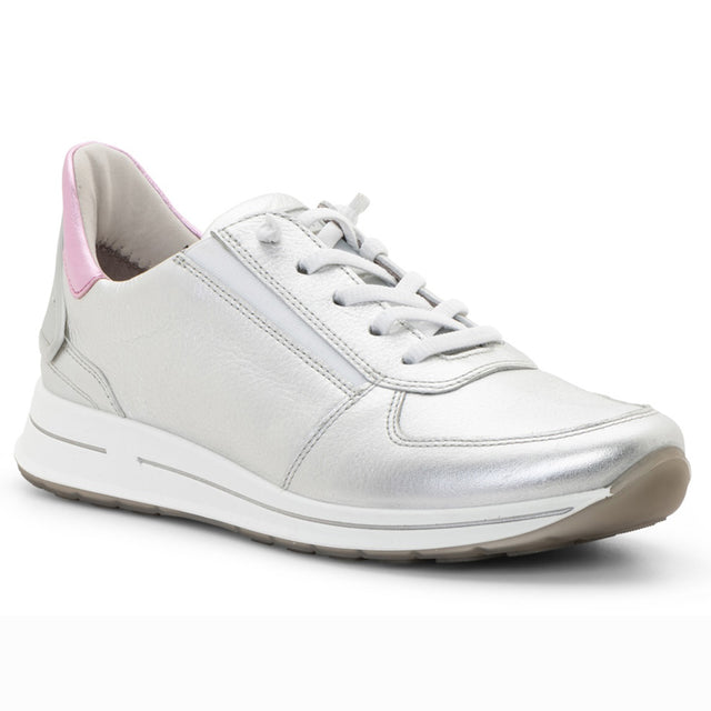 Women’s low-cut lace sneaker in white leather and shell-toned suede with elastic tongue and stretchy laces, flat flexible sole, and removable cushioned insole. Style #24836-15