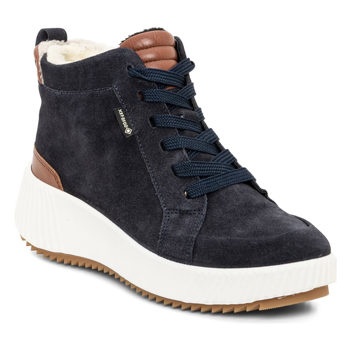 Women's waterproof ankle boot made of black hydro-suede and hydro-leather with a lace-up front, inside zipper, and 12mm heel, featuring soft warm lining and a sleek modern silhouette. Style #26908-02
