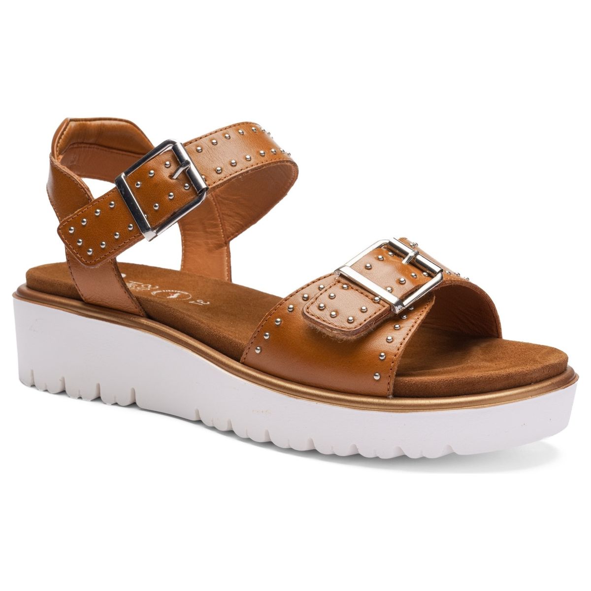 Ara cognac leather wedge sandal with silver stud accents, double adjustable buckle straps, and white platform sole. Style #33517-09