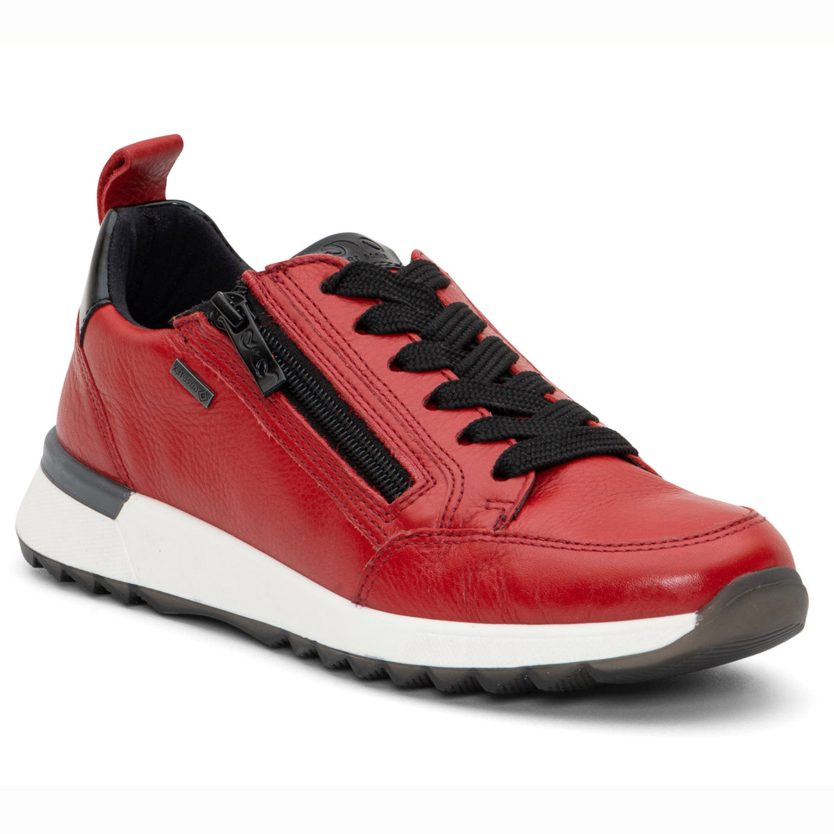 Women’s low‑top sneaker in vibrant red hydro‑leather with rounded toe, lace‑up front, and functional side zipper. Features a waterproof GORE‑TEX® membrane, removable cushioned insole with hidden foam insert, and flexible shock‑absorbing sole for stylish, comfortable all‑weather wear. 
Style #33921-04