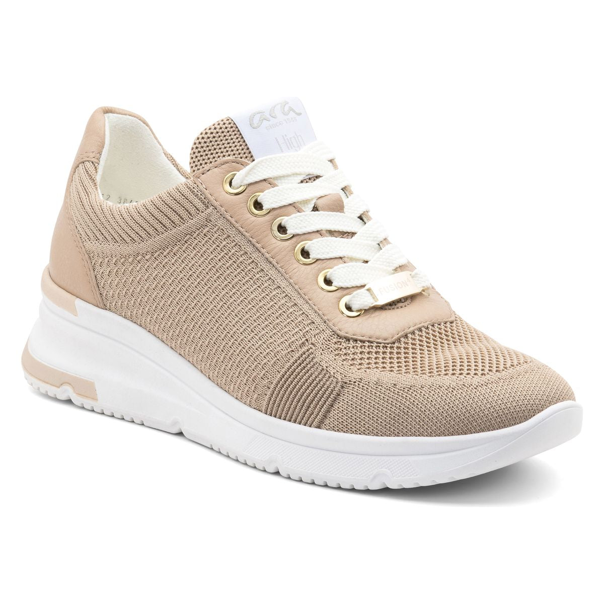 Women’s lace‑up sneaker in taupe stretch textile with rounded toe, cushioned footbed, and lightweight rubber sole. Features a flexible, supportive design for comfortable everyday wear. Style #38407-08