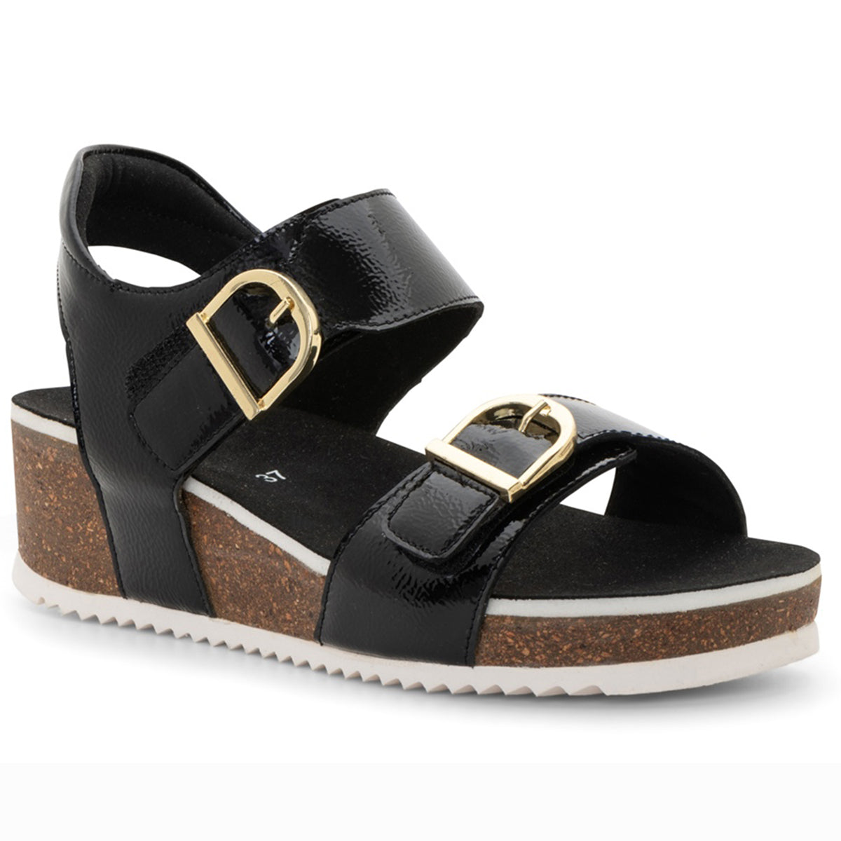 Ara Nova Wedge Sandal in black patent for women with two adjustable buckles, available at Walking On A Cloud