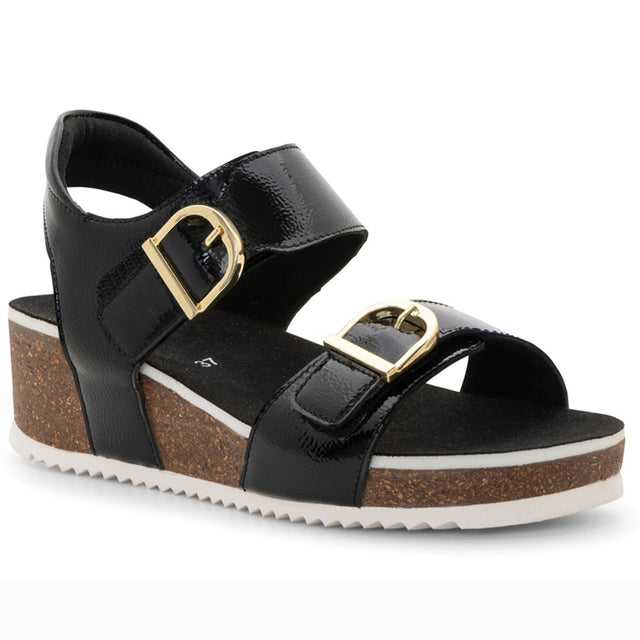 Ara Nova Wedge Sandal in black patent for women with two adjustable buckles, available at Walking On A Cloud