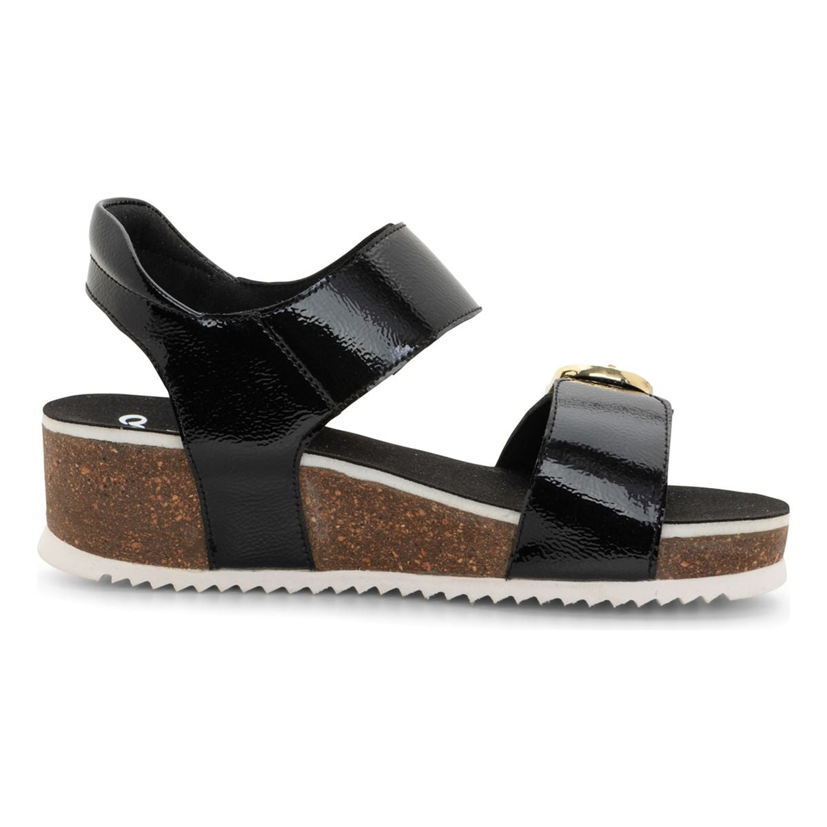 Nova Buckle Strap Wedge Sandal in black patent