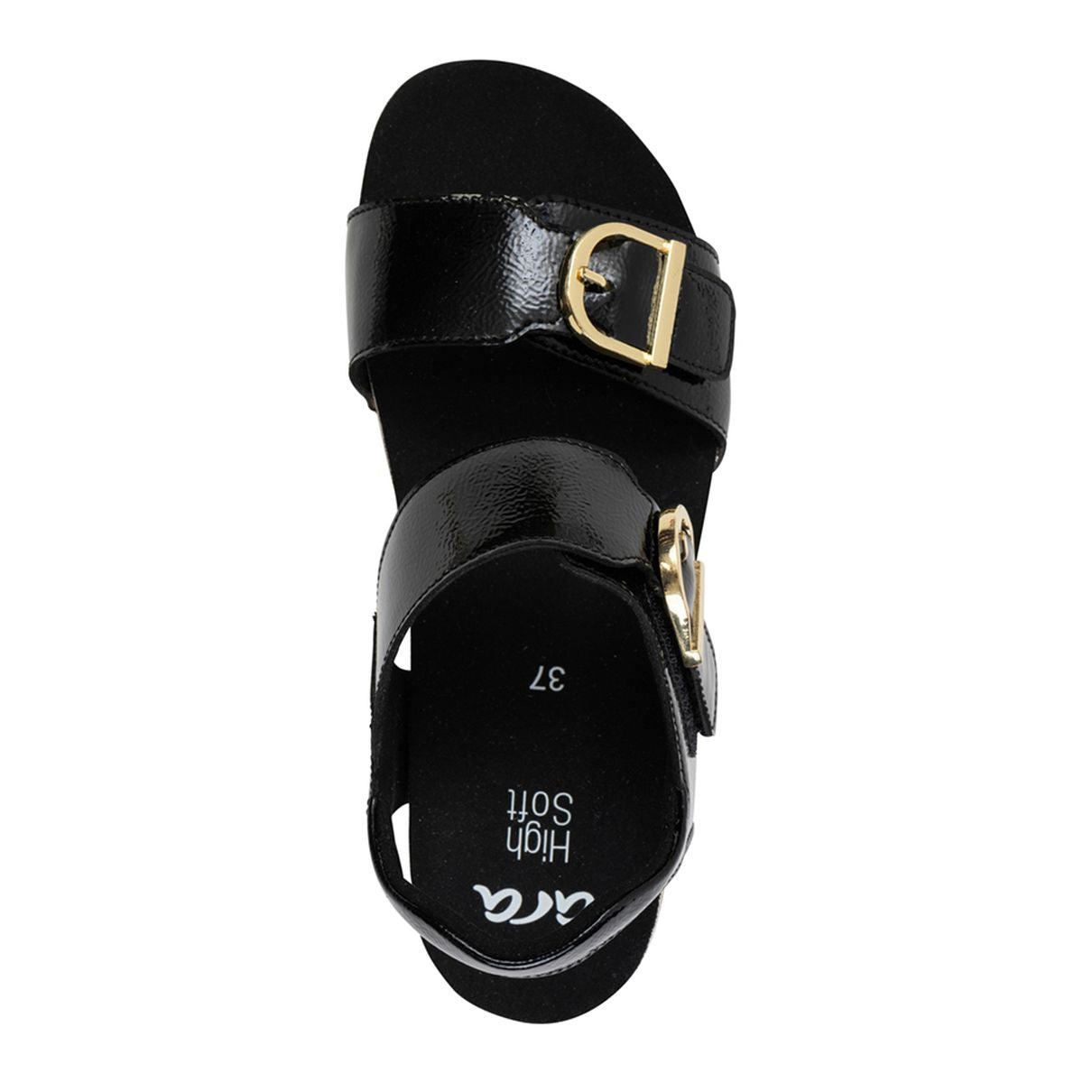 Nova Buckle Strap Wedge Sandal in black patent