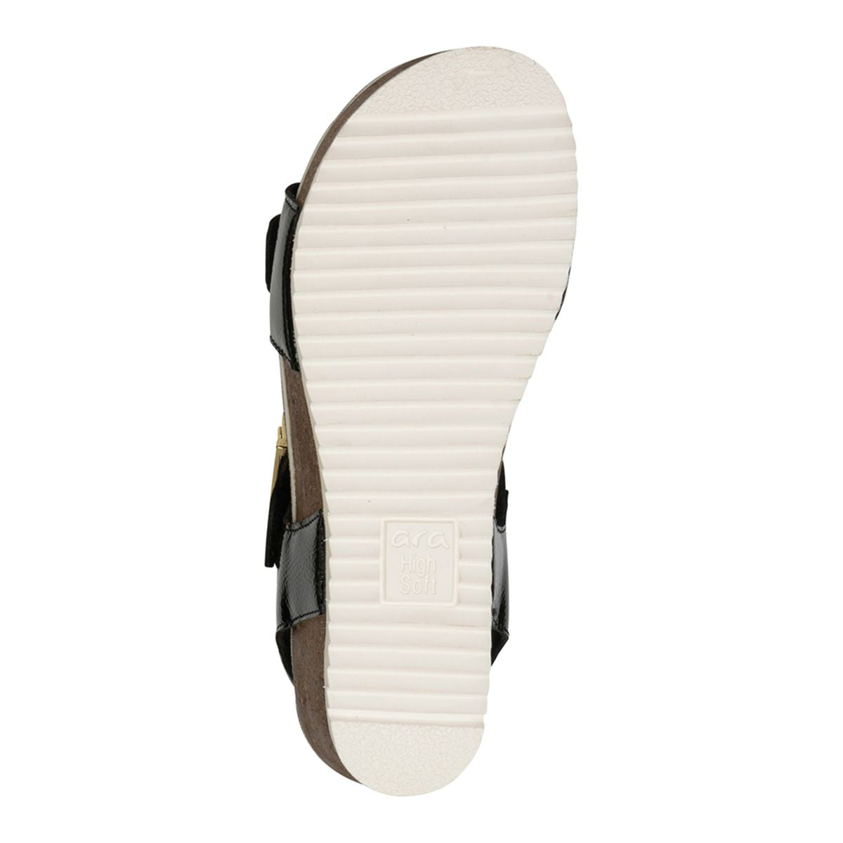 Nova Buckle Strap Wedge Sandal in black patent