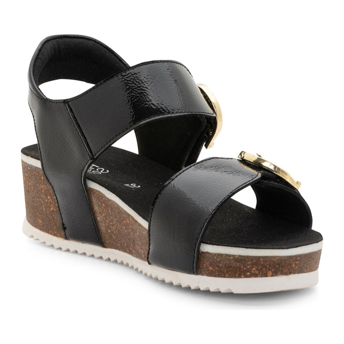 Nova Buckle Strap Wedge Sandal in black patent