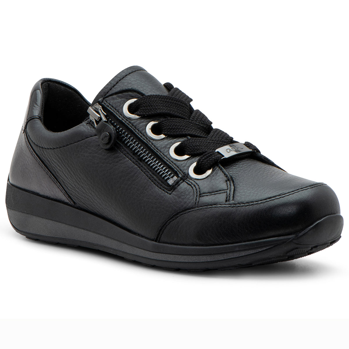Women’s low‑top sneaker in smooth black leather with rounded toe, lace‑up front, and functional side zipper. Features a removable cushioned insole with hidden foam insert, flexible shock‑absorbing sole, and medium‑wide fit for comfortable, versatile everyday wear. Style #44587-66