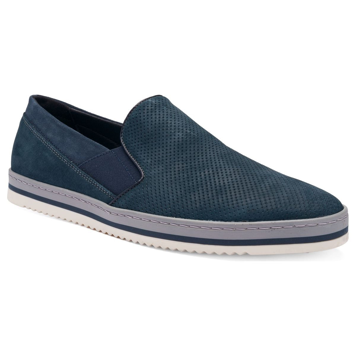 Men’s navy perforated suede slip-on loafer with dark blue elastic gores and a layered white and grey sole. Style #20903-12