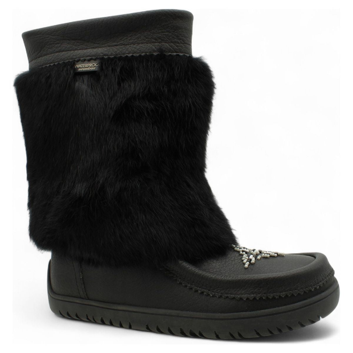 Black Arctic Mukluk 13 women's winter boot with genuine black rabbit fur, waterproof leather, hand beadwork on vamp. Style AMUK-13.