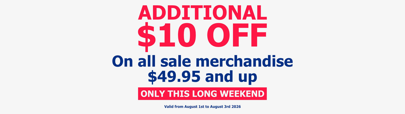 A promotional sale banner with red and blue text on a light gray background. The main text reads 'ADDITIONAL $10 OFF On all sale merchandise $49.