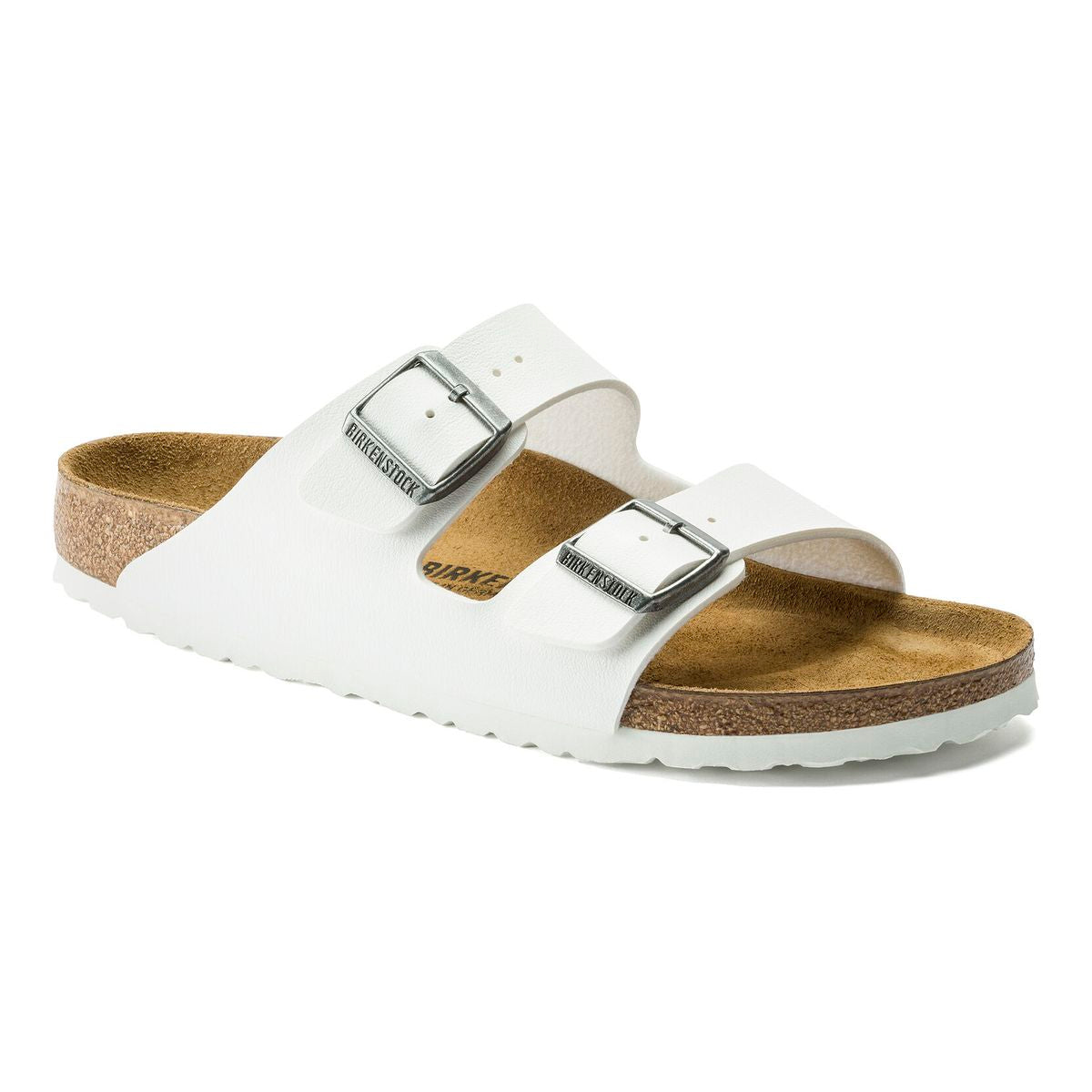 White Birkenstock Arizona sandal with two adjustable straps, contoured cork footbed, and suede lining on a lightweight EVA sole. Style #552681