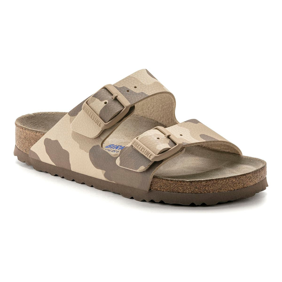 Birkenstock Arizona Soft Footbed sandal in a gray and taupe desert camo print with two adjustable straps. 1022860