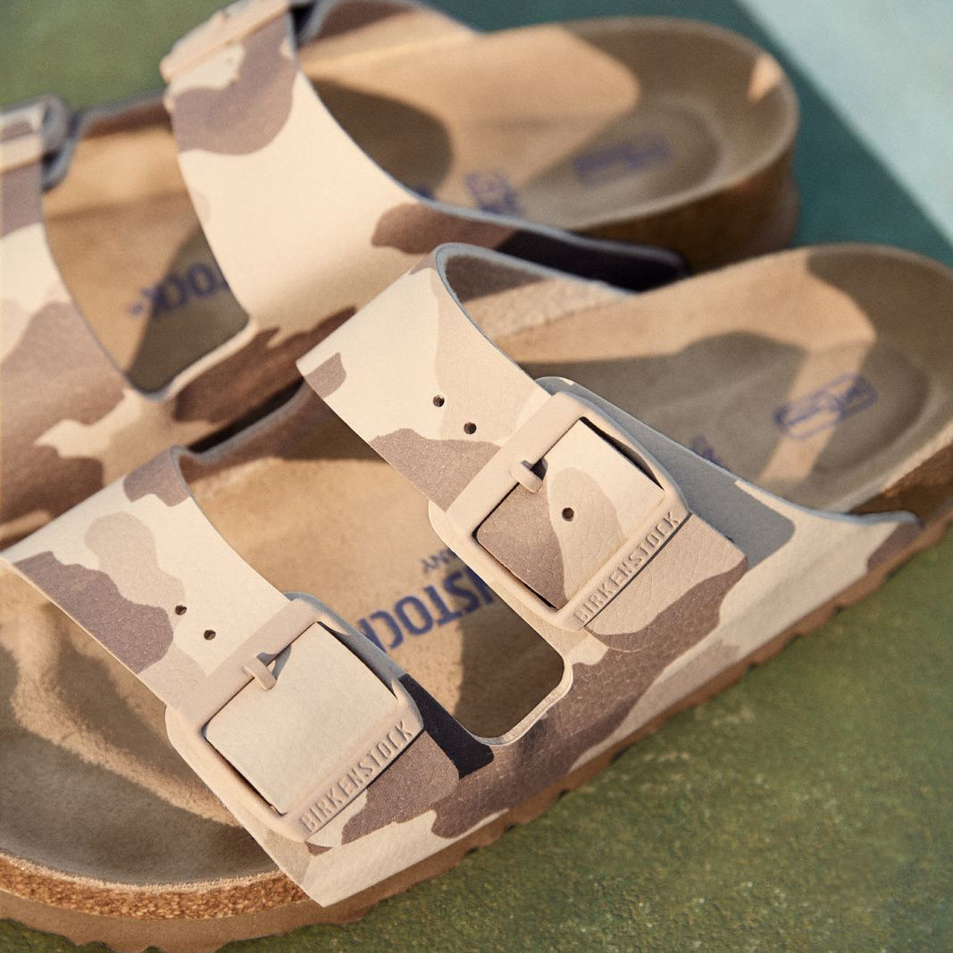 Birkenstock Arizona Women's Soft Footbed Birko-Flor in Desert Soil Camo Gray/Taupe
