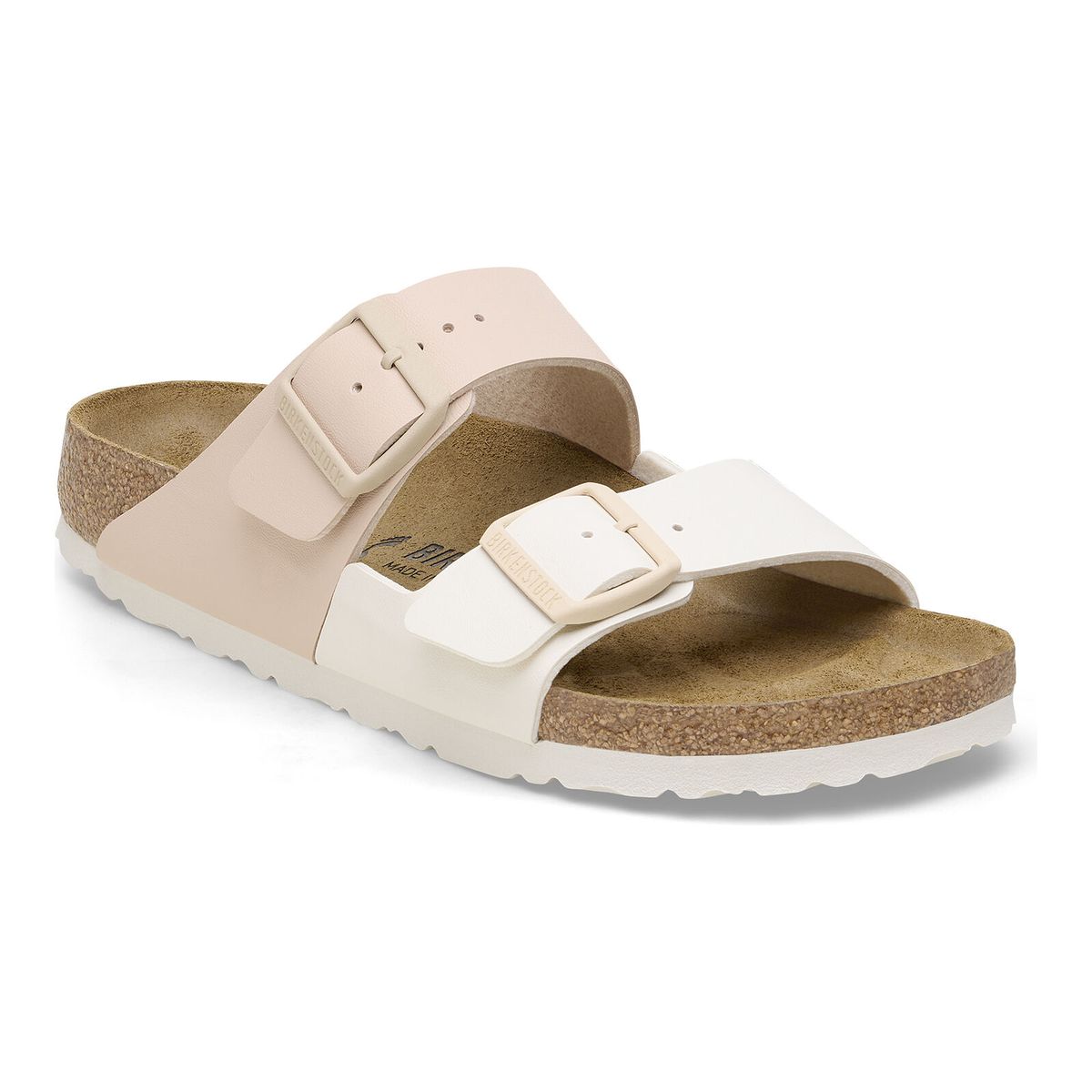 Birkenstock Arizona Womens two strap slide in two tone eggshell/new beige. style 1027058