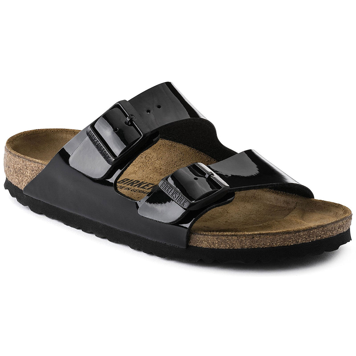 Birkenstock Arizona Birko-Flor in Black Patent for women. Regular Fitting.