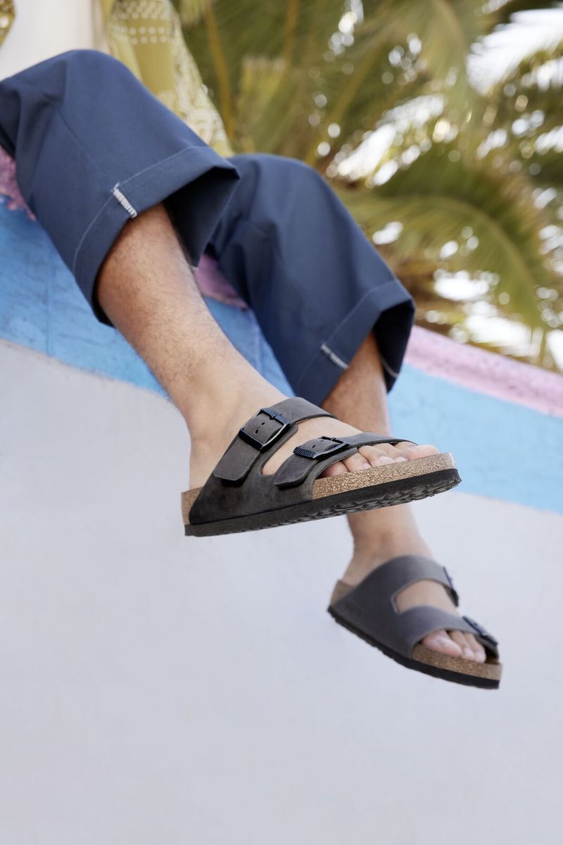 Arizona Soft Footbed Iron Grey Oiled Leather Slide Sandal