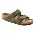 Muted camouflage Birkenstock Arizona sandal with two wide adjustable straps, tonal buckles, and a cork-latex soft footbed for everyday comfort.  Style #1022860