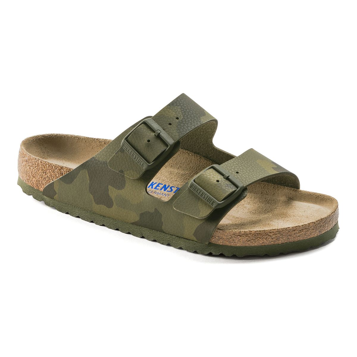 Muted camouflage Birkenstock Arizona sandal with two wide adjustable straps, tonal buckles, and a cork-latex soft footbed for everyday comfort. Style #1022860