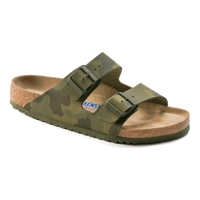 Muted camouflage Birkenstock Arizona sandal with two wide adjustable straps, tonal buckles, and a cork-latex soft footbed for everyday comfort.  Style #1022860