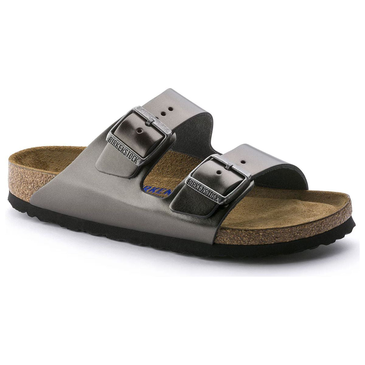 Birkenstock Arizona two-strap sandal in metallic anthracite leather with soft cork footbed and black sole. Style #1000292