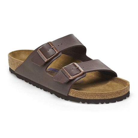 Birkenstock Arizona Birko-Flor® Soft Footbed sandal in brown with adjustable straps and contoured cork-latex footbed – available at Walking on a Cloud Canada.