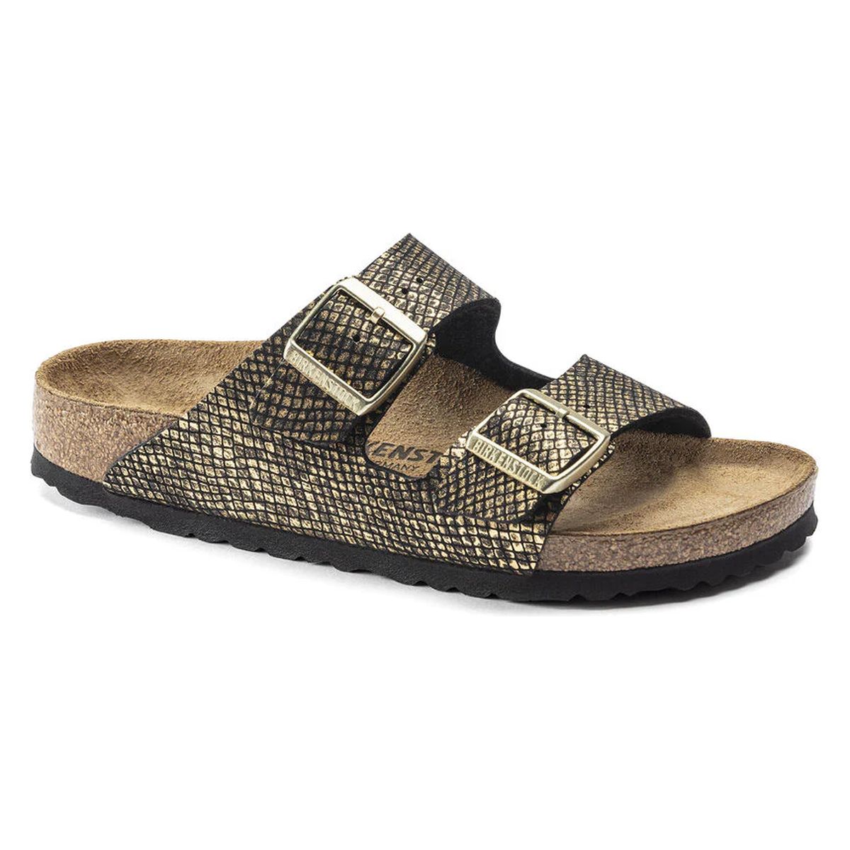 Black & gold shiny python patterned Birkenstock Arizona slide sandal with two gold buckles and a natural cork footbed. Style #1019372.