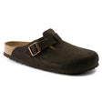 Birkenstock Boston Soft Footbed clog in brown suede with adjustable strap and contoured cork-latex footbed – available at Walking on a Cloud Canada.