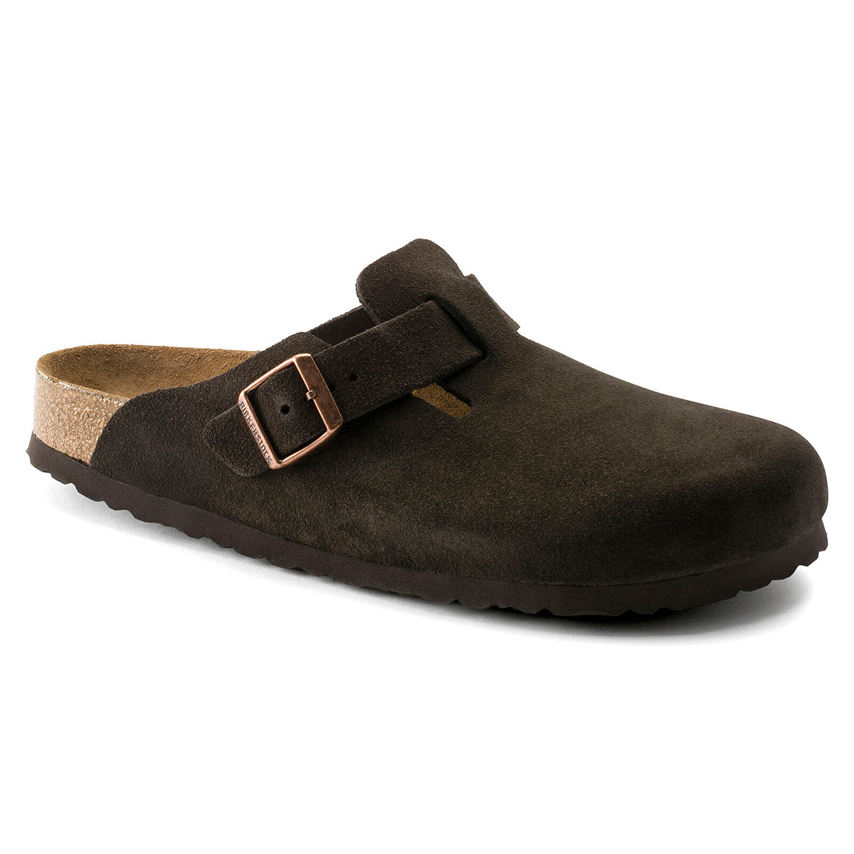 Birkenstock Boston Soft Footbed clog in brown suede with adjustable strap and contoured cork-latex footbed – available at Walking on a Cloud Canada.