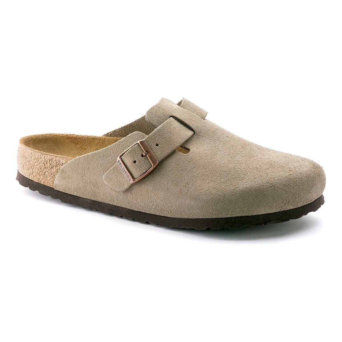 Birkenstock Boston Soft Footbed clog in taupe suede with adjustable strap and contoured cork-latex footbed – available at Walking on a Cloud Canada.