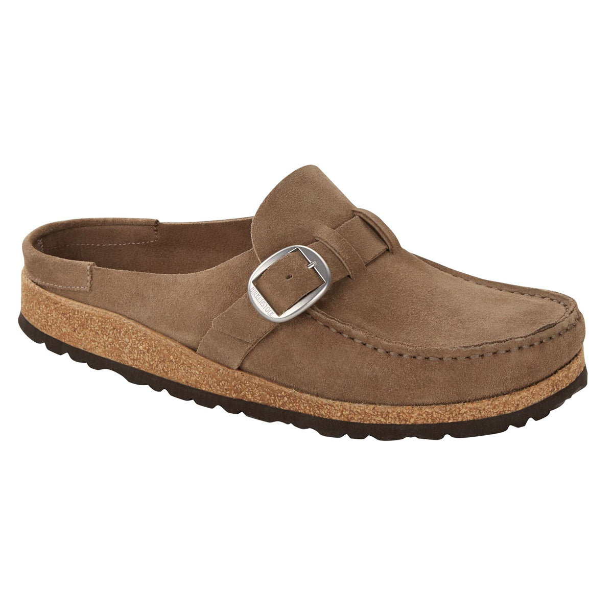 Birkenstock Buckley clog in gray taupe suede with adjustable buckle