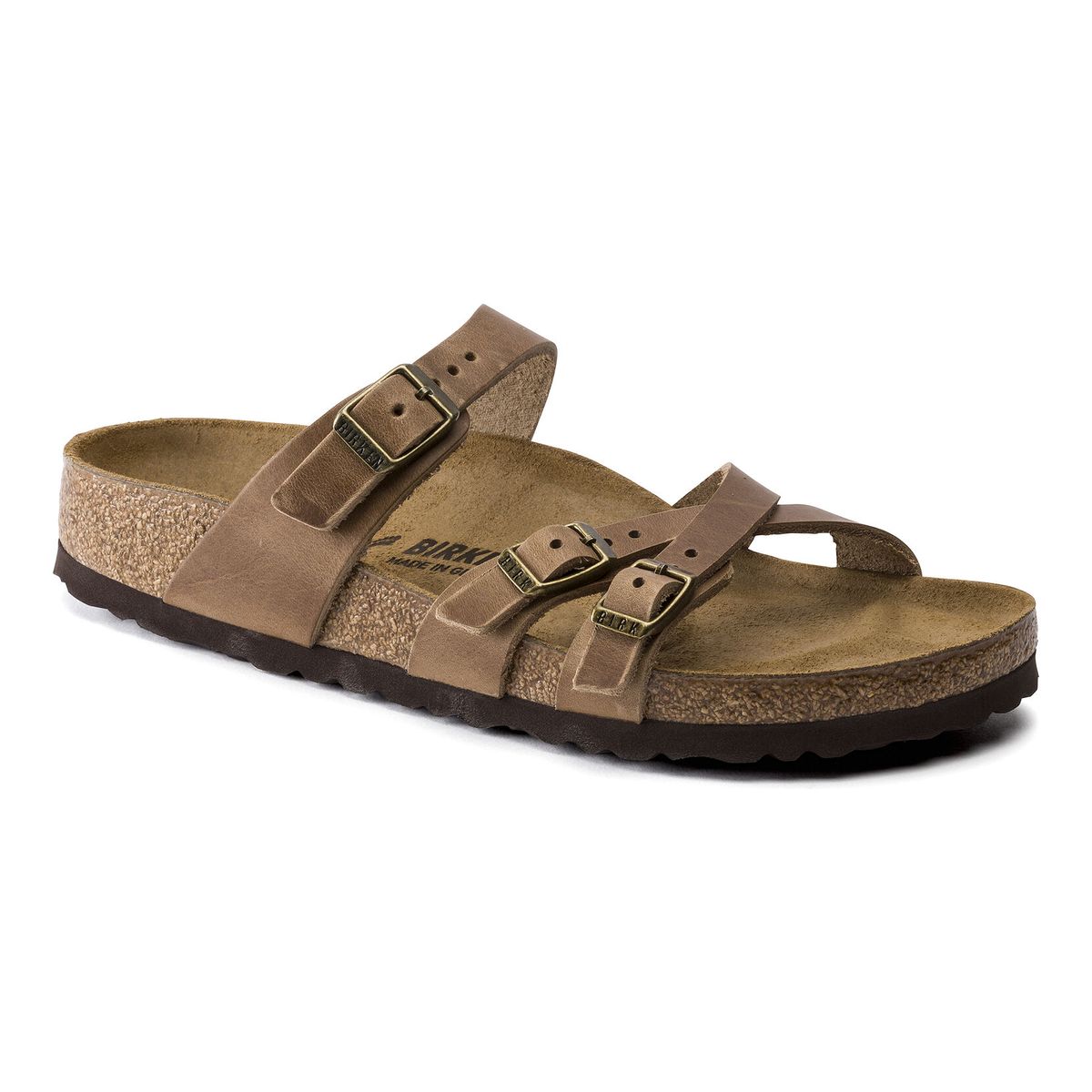 Side view of Birkenstock Franca slide sandal for women in tobacco brown oiled leather with EVA outsole.