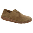 A brown suede lace-up shoe with an anatomically shaped footbed and a cork outsole. Birkenstock Gary shoe.