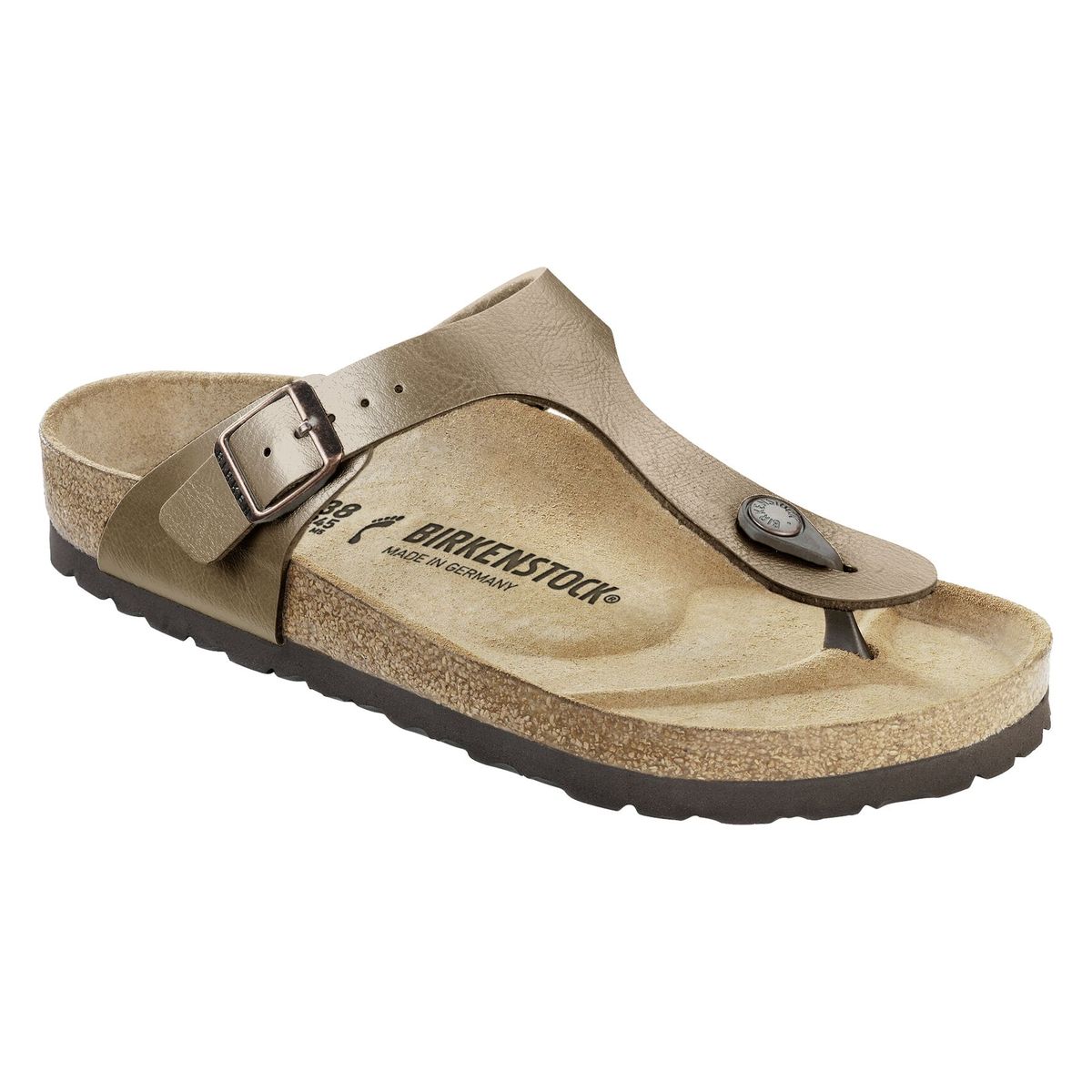 A taupe-colored Birkenstock Gizeh Birko-Flor sandal with a contoured cork-latex footbed and an adjustable buckle strap.