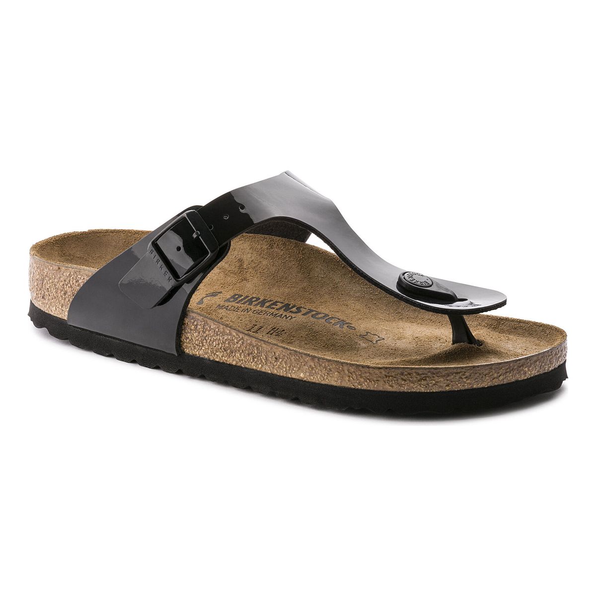 A black patent Birkenstock Gizeh Birko-Flor thong sandal with an adjustable strap and a cork footbed for women.