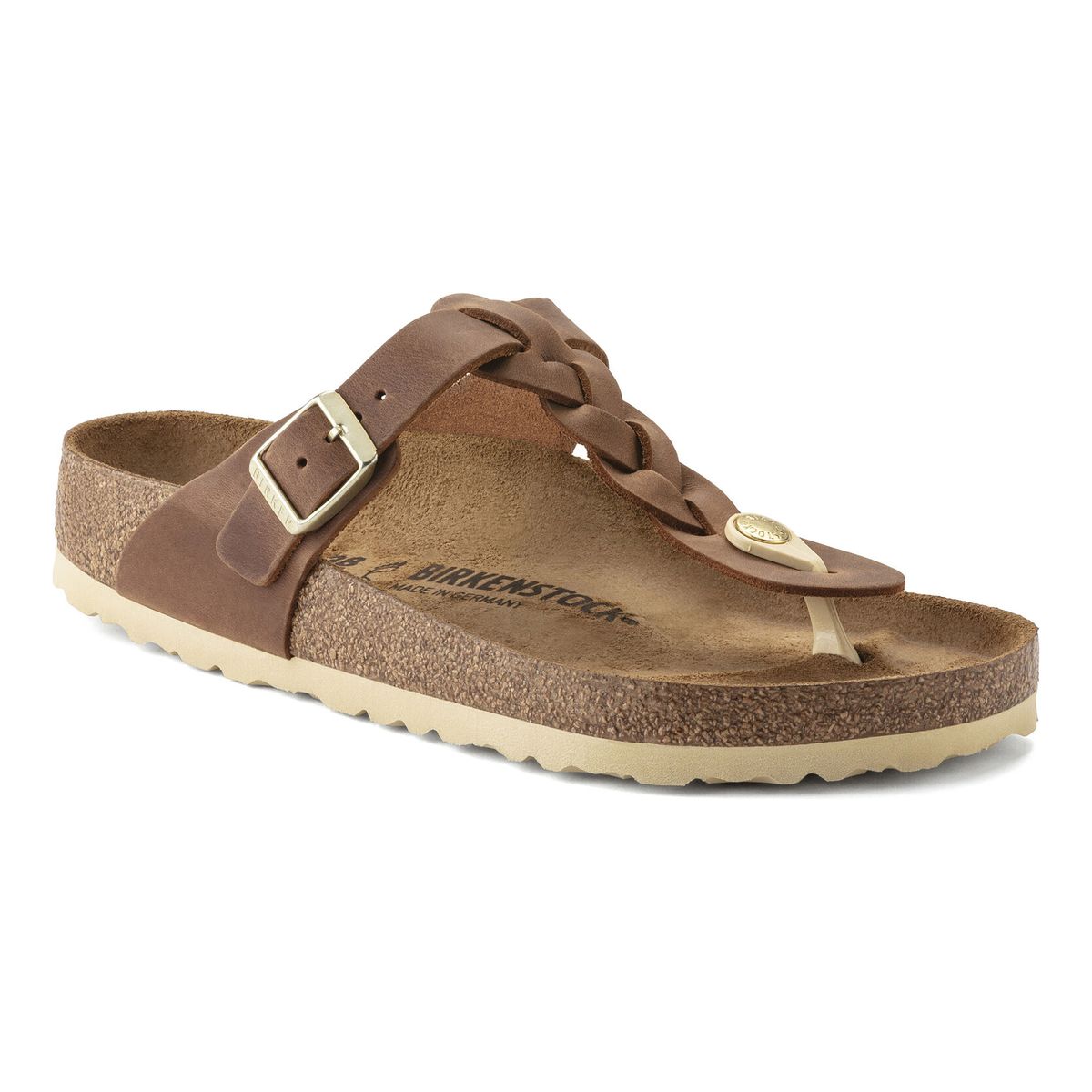 Birkenstock Gizeh Braided Toe Thong adjustable sandal in cognac at Walking on a Cloud.