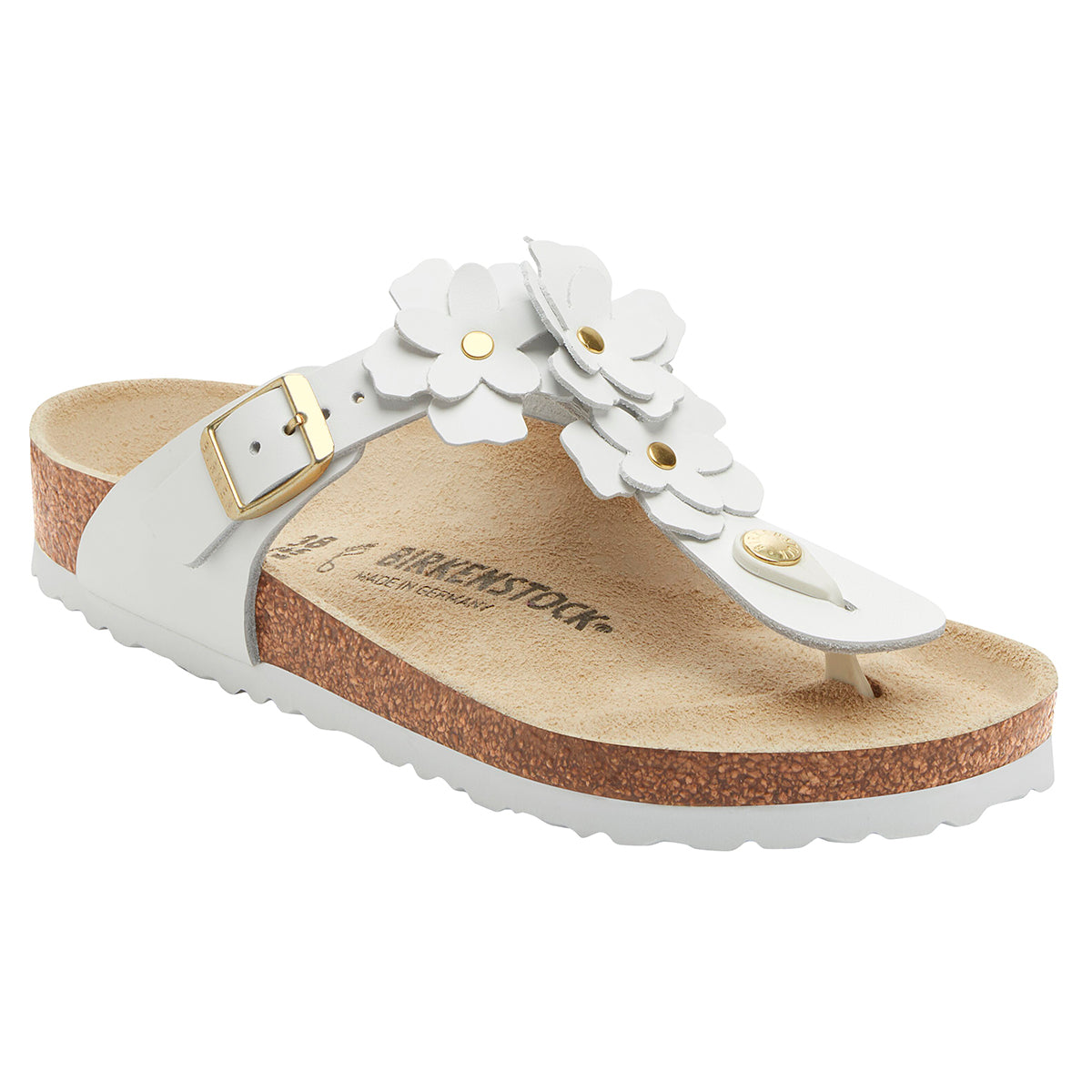 Birkenstock Gizeh Flowers Leather Toe Thong Sandal in white with comfort footbed. Available in Canada at Walking On a Cloud.