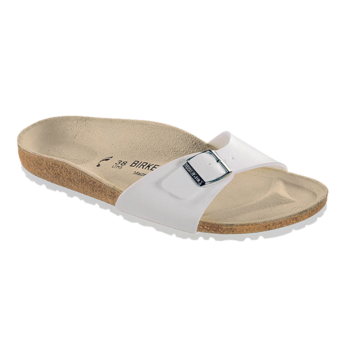 A white Birkenstock Madrid Birko-Flor sandal with an adjustable strap and cork-latex footbed.