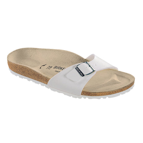 A white Birkenstock Madrid Birko-Flor sandal with an adjustable strap and cork-latex footbed.