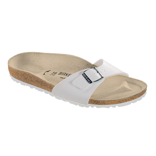 A white Birkenstock Madrid Birko-Flor sandal with an adjustable strap and cork-latex footbed.