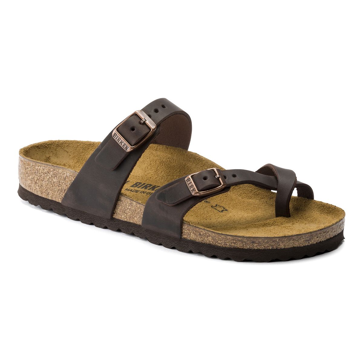 A brown oiled leather sandal with two straps and metal pin buckle fastening, on a cork footbed with EVA sole by Birkenstock. style is mayari.