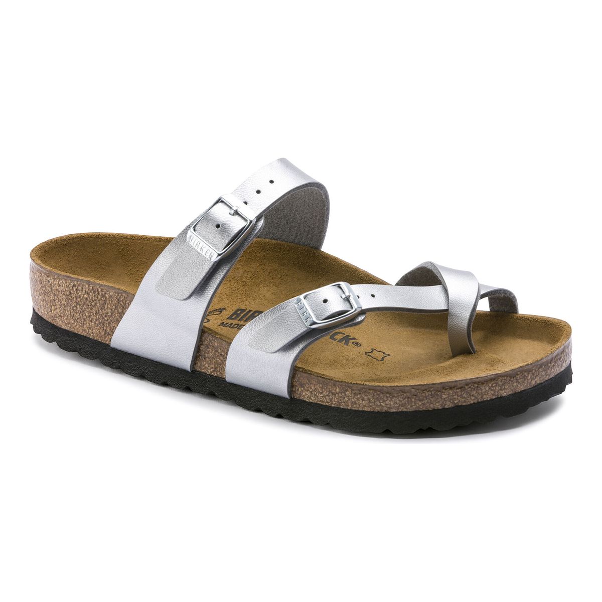 Birkenstock Mayari Birko-Flor in Silver (71081). Stylish toe loop, arch support & comfort footbed