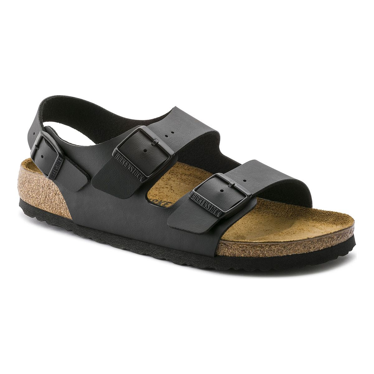 Milano Birko-Flor Unisex Sandal with 2 front straps and a back strap. Fully Adjustable. Colour is black. Style #34791