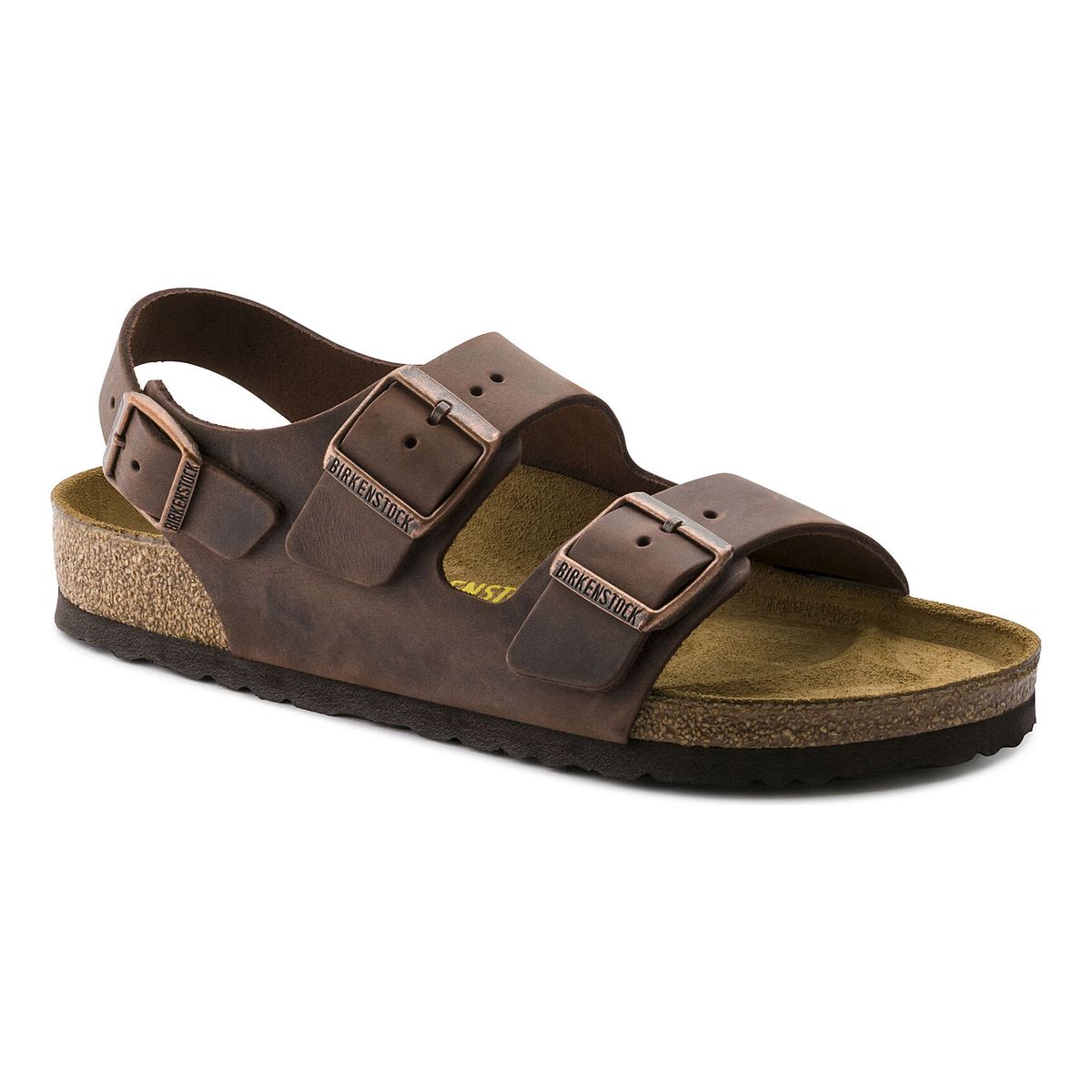 Milano Oiled Leather Unisex Sandal in Habana. Two straps in the front with a back strap. Fully adjustable. style 34871