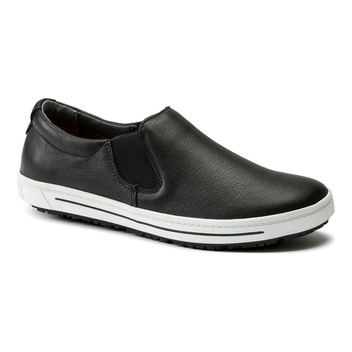 Birkenstock QO400 Slip on Sneaker in Black. Unisex, fluid-resistant, slip- and oil-resistant, with cork support.