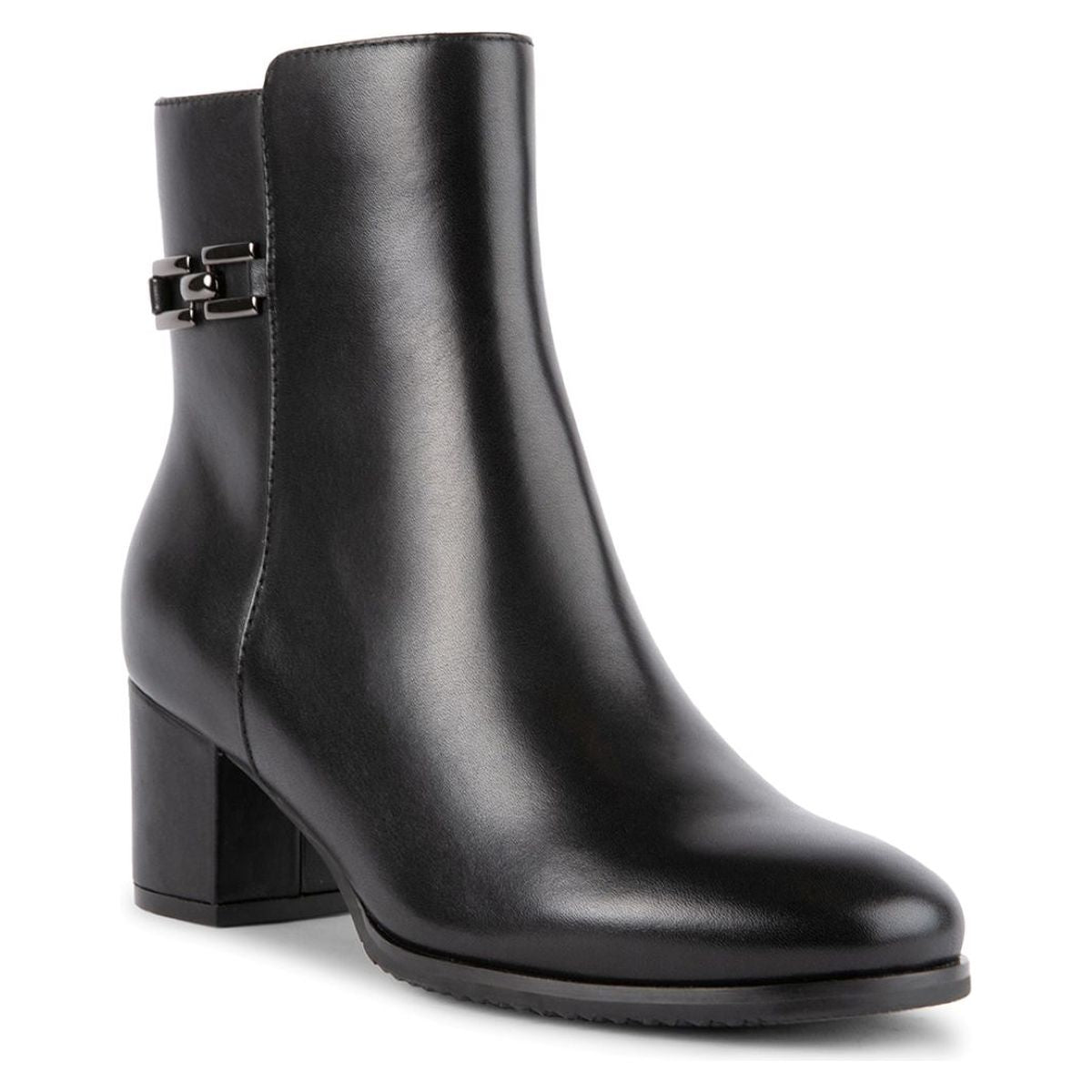 Blondo black leather waterproof ankle boot with block heel, side buckle hardware, and almond toe. Style #B7830.
