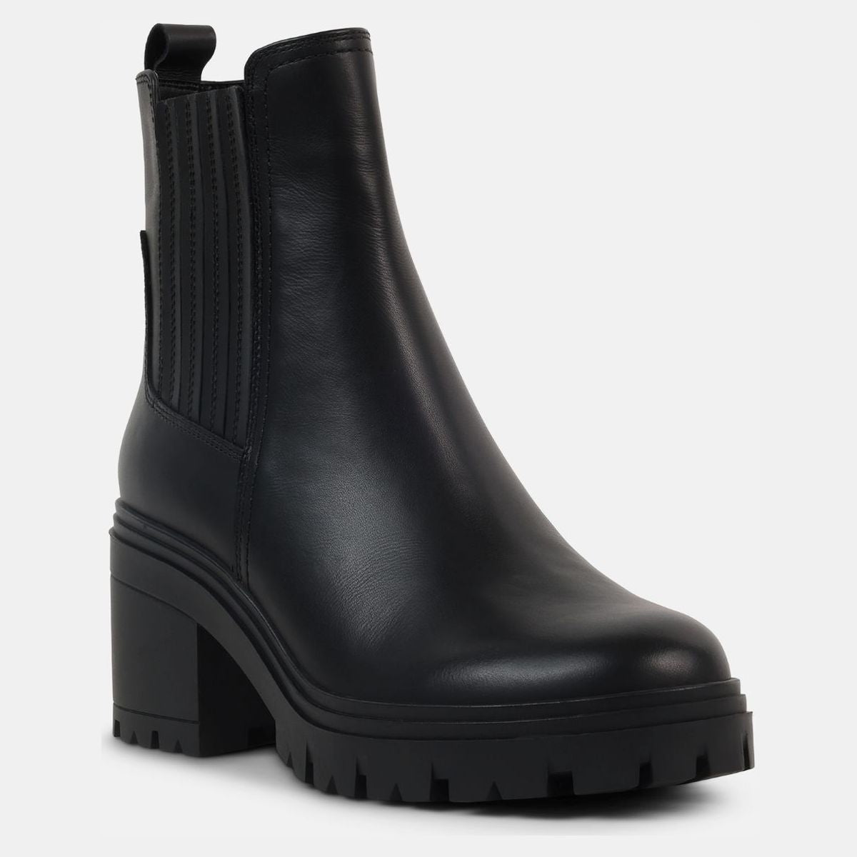 Blondo smooth black leather ankle boot with ribbed side elastic goring, chunky block heel, and lug sole. Style #B7942