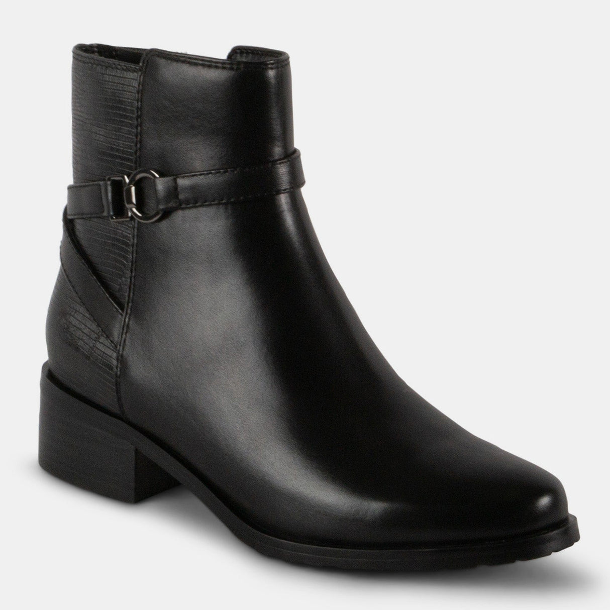 Blondo Gail Women’s Waterproof Leather Boots in smooth leather with lizard texture, plaid velour lining, leather stack heel, and rubber lug outsole.